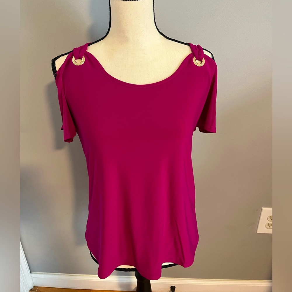 Nine West Pink Blouse with Cold Shoulder and Gold Accents